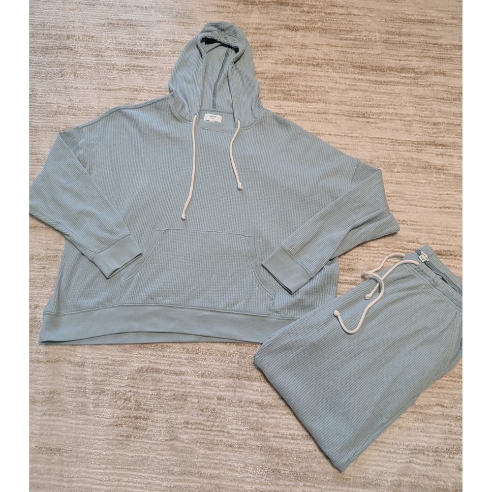 Aerie Lounge Set Womens Sz XL 2 Pc Waffle Knit Hoodie & Joggers Blue Comfort - Picture 1 of 11